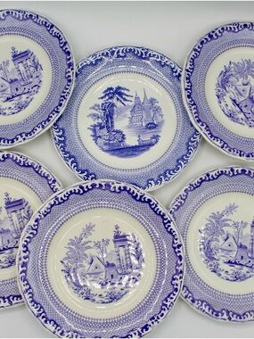 Set of 6 Antique Periwinkle Blue and White Transferware Plates, Rorstrand